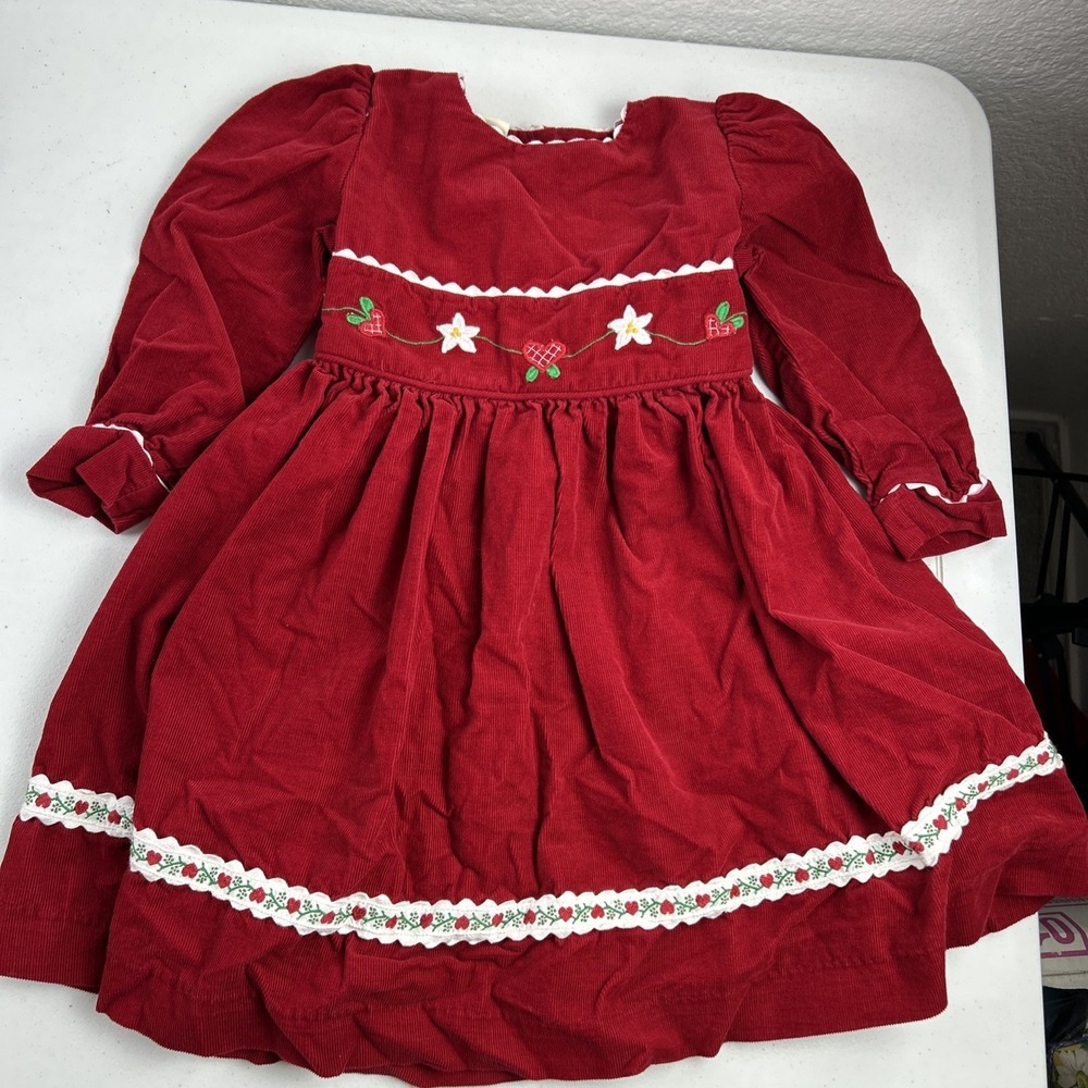 Rebecca Raggs Toddler Girls Red Corduroy Embroidered Long Sleeve Dress 3T
